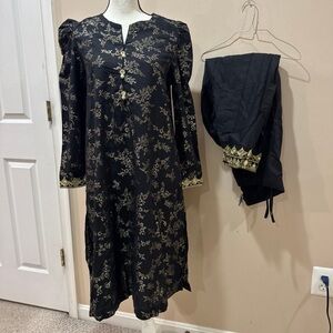 Black and Gold Floral Pakistani Indian suit with Matching Shalwar